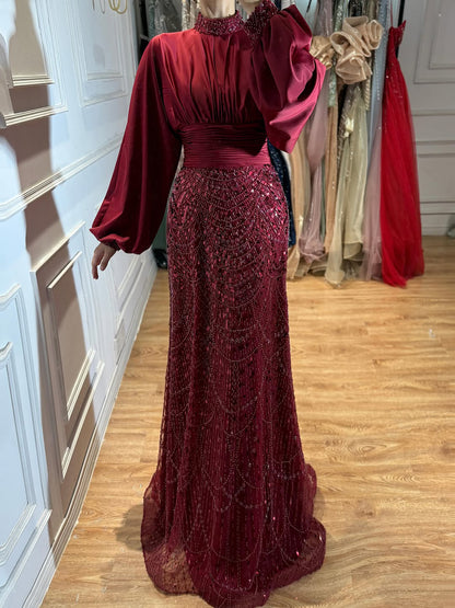 Luxury Muslim Green Satin Beaded Mermaid Evening Dress LA73676