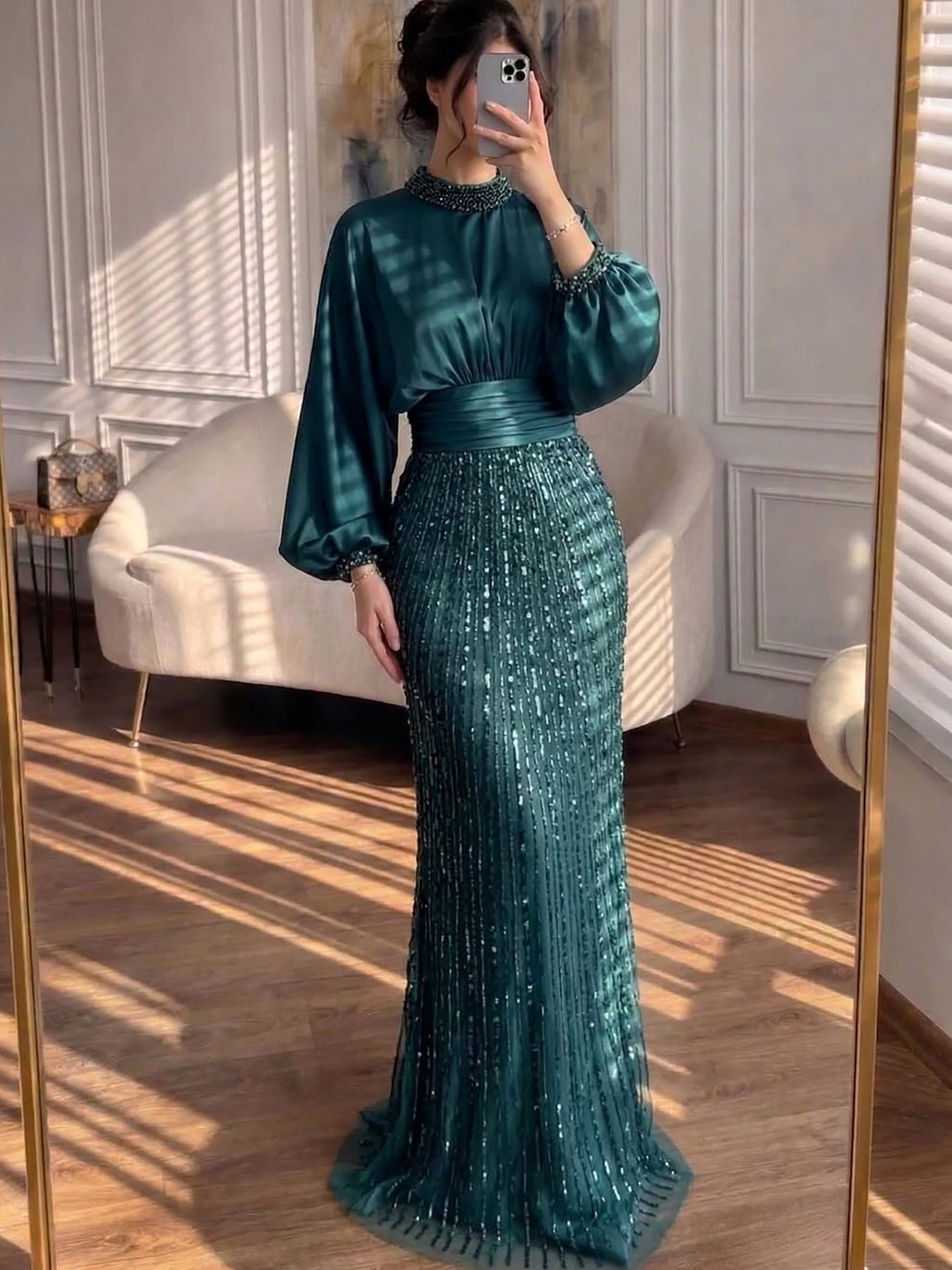 Luxury Muslim Green Satin Beaded Mermaid Evening Dress LA73676