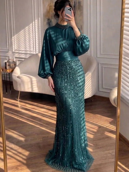 Luxury Muslim Green Satin Beaded Mermaid Evening Dress LA73676