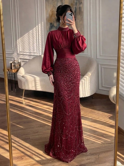 Luxury Muslim Green Satin Beaded Mermaid Evening Dress LA73676