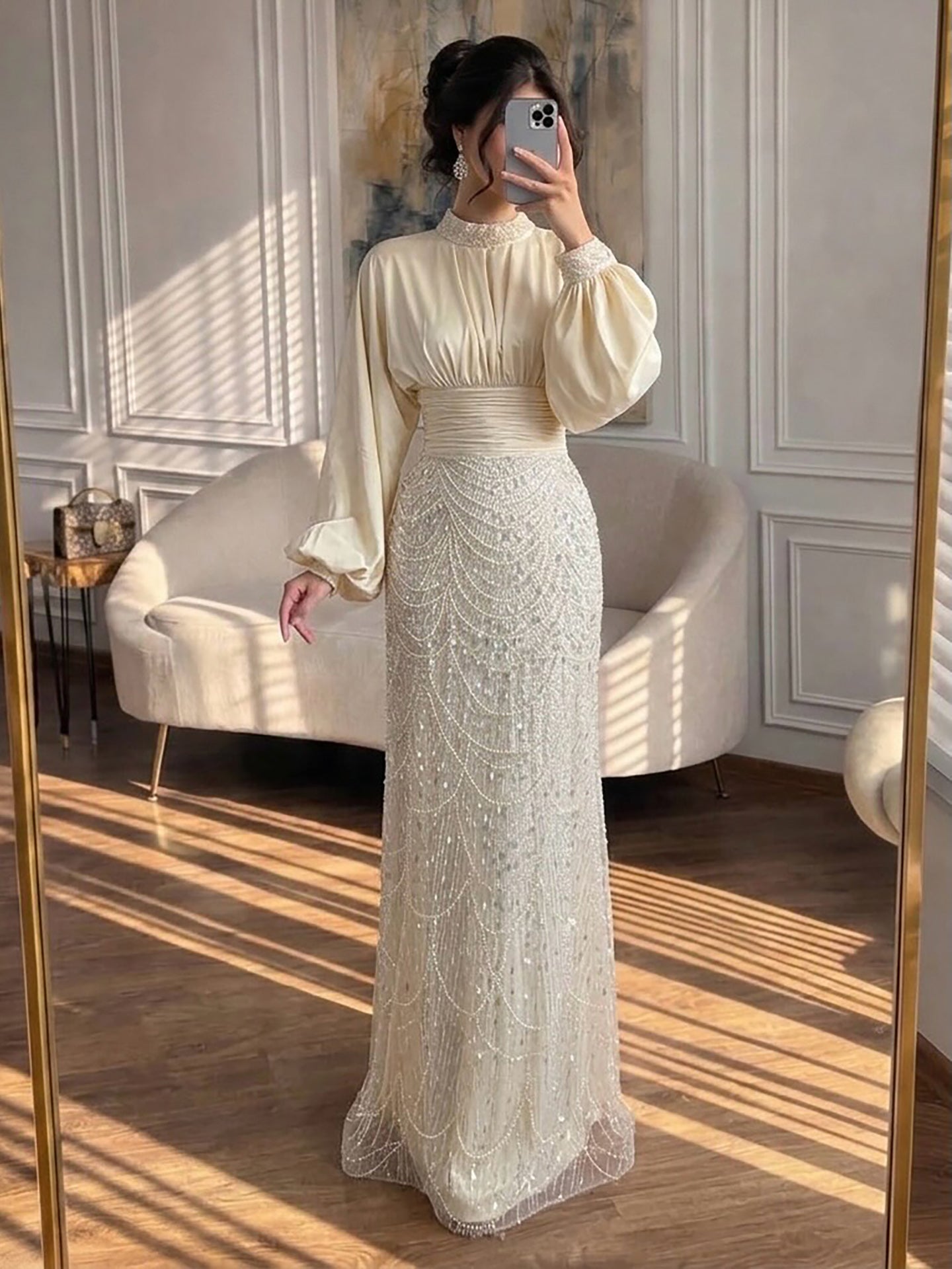 Luxury Muslim Green Satin Beaded Mermaid Evening Dress LA73676
