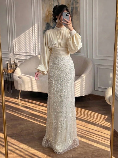 Luxury Muslim Green Satin Beaded Mermaid Evening Dress LA73676