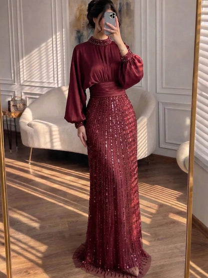 Luxury Muslim Green Satin Beaded Mermaid Evening Dress LA73676