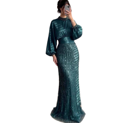 Luxury Muslim Green Satin Beaded Mermaid Evening Dress LA73676