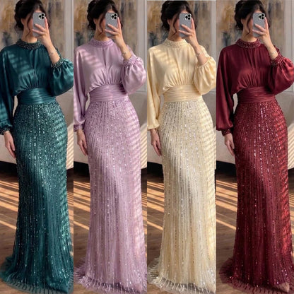 Luxury Muslim Green Satin Beaded Mermaid Evening Dress LA73676
