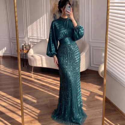 Luxury Muslim Green Satin Beaded Mermaid Evening Dress LA73676