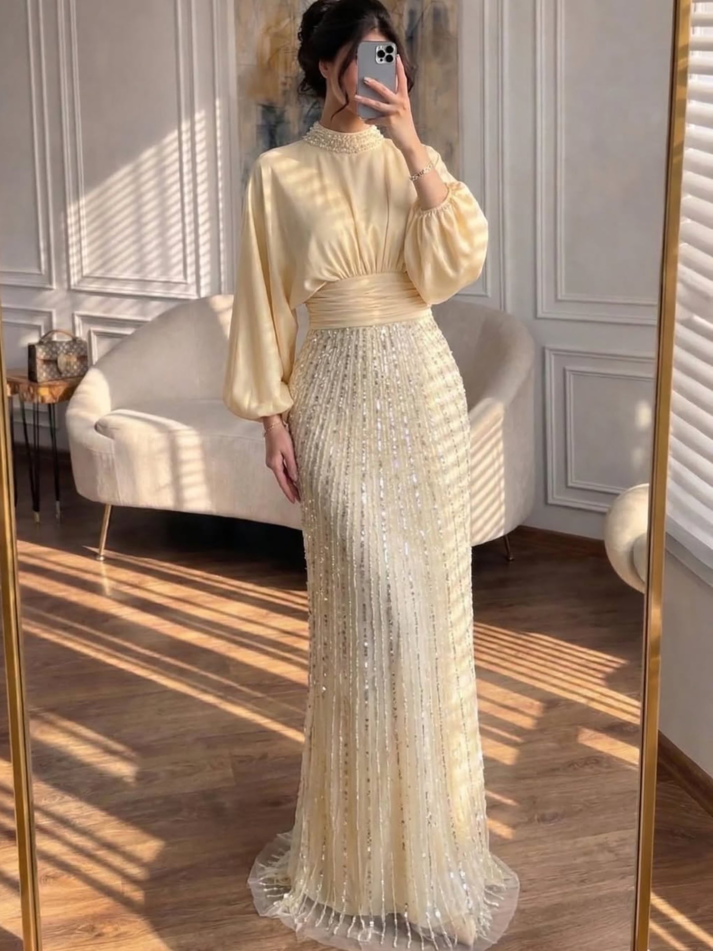 Luxury Muslim Green Satin Beaded Mermaid Evening Dress LA73676