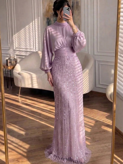Luxury Muslim Green Satin Beaded Mermaid Evening Dress LA73676