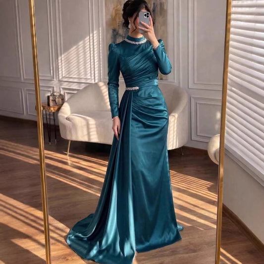 Luxury Muslim Green Satin Crystal Beaded Mermaid Evening Dress LA73667