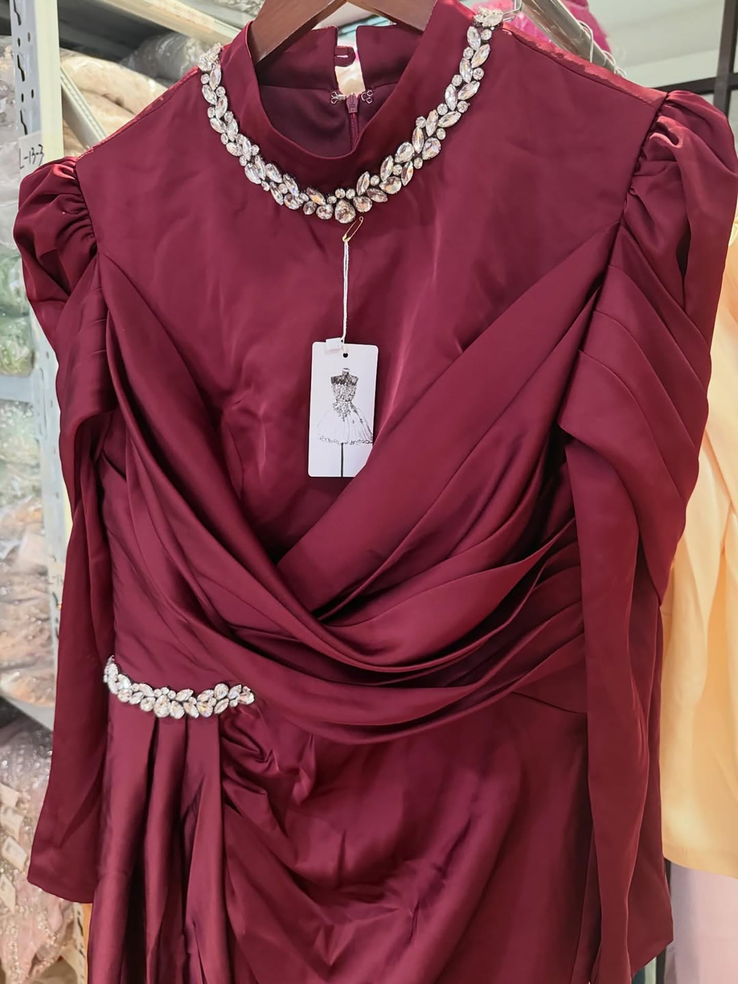 Luxury Wine Red Crystal Mermaid Ruched Long Sleeve Evening Dress LA73678