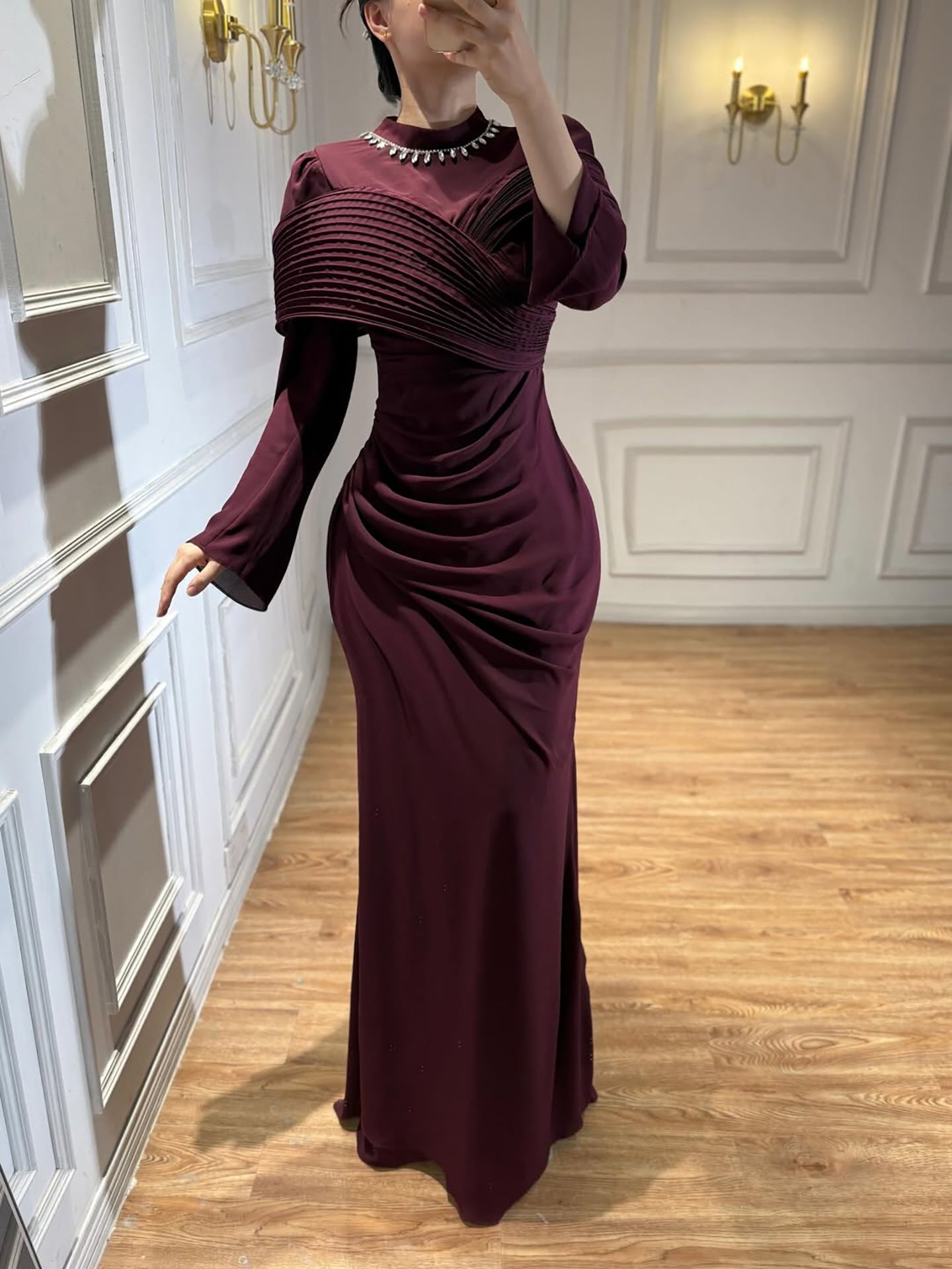 Luxury Wine Red Crystal Mermaid Ruched Long Sleeve Evening Dress LA73678