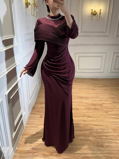 Luxury Wine Red Crystal Mermaid Ruched Long Sleeve Evening Dress LA73678