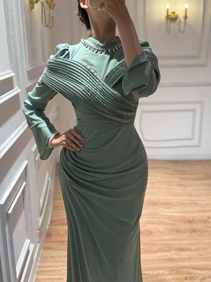 Luxury Wine Red Crystal Mermaid Ruched Long Sleeve Evening Dress LA73678