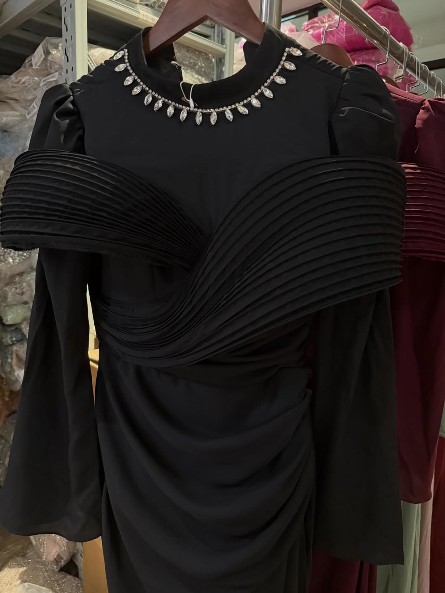 Luxury Wine Red Crystal Mermaid Ruched Long Sleeve Evening Dress LA73678