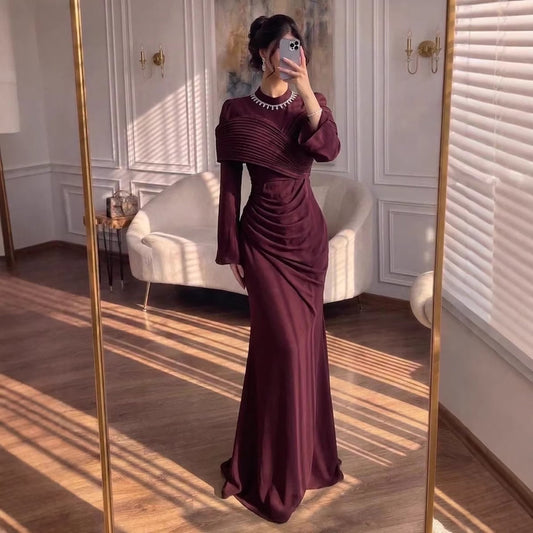 Luxury Wine Red Crystal Mermaid Ruched Long Sleeve Evening Dress LA73678