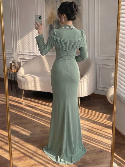 Luxury Wine Red Crystal Mermaid Ruched Long Sleeve Evening Dress LA73678