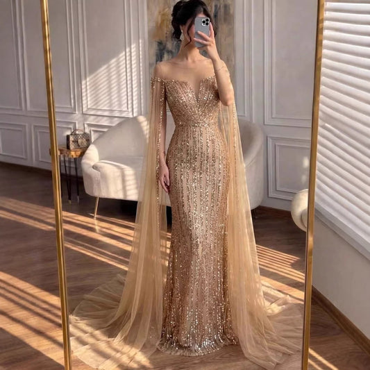 Luxury Gold Beaded Mermaid Evening Dress with Cape Sleeves LA73679