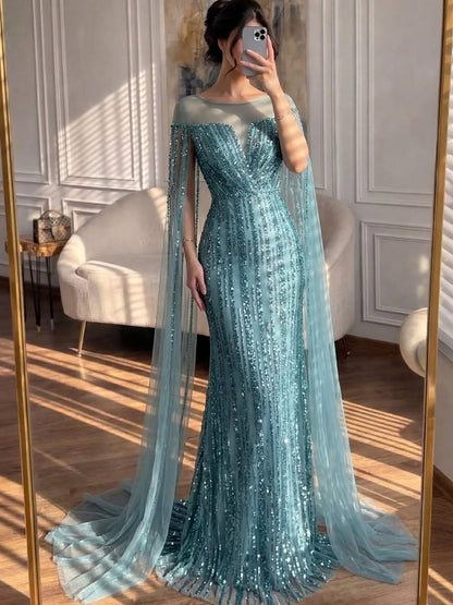 Luxury Gold Beaded Mermaid Evening Dress with Cape Sleeves LA73679