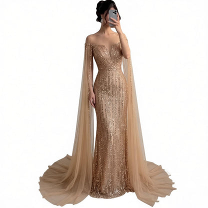 Luxury Gold Beaded Mermaid Evening Dress with Cape Sleeves LA73679