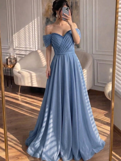 Luxury Pink Off Shoulder A-Line Evening Dress Ruched LA73681