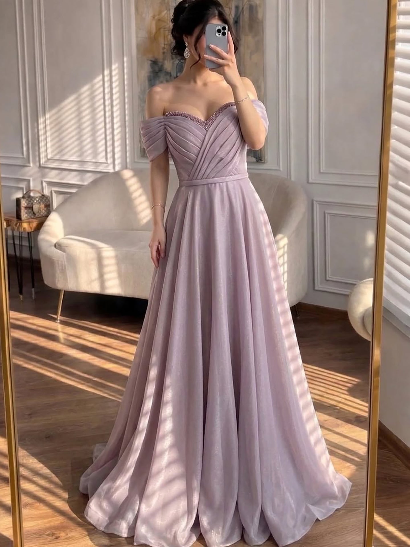 Luxury Pink Off Shoulder A-Line Evening Dress Ruched LA73681