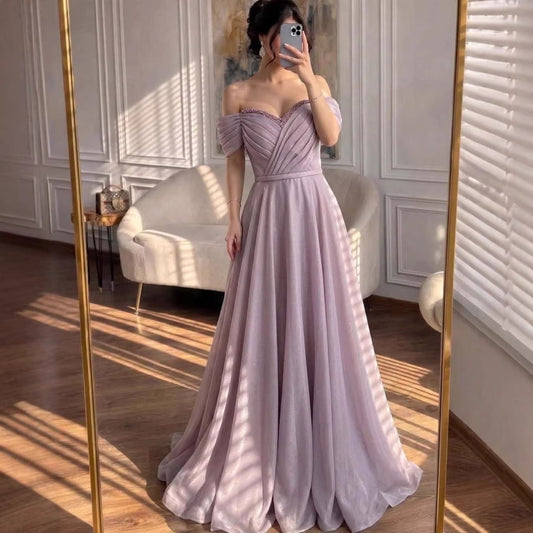 Luxury Pink Off Shoulder A-Line Evening Dress Ruched LA73681