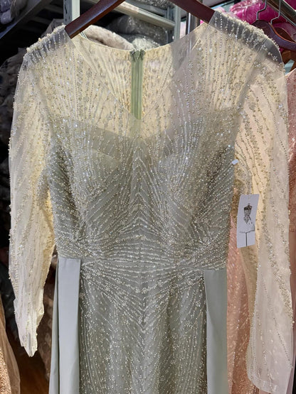 Luxury Sage Green Beaded Long Sleeve Overskirt Mermaid Dress LA73682