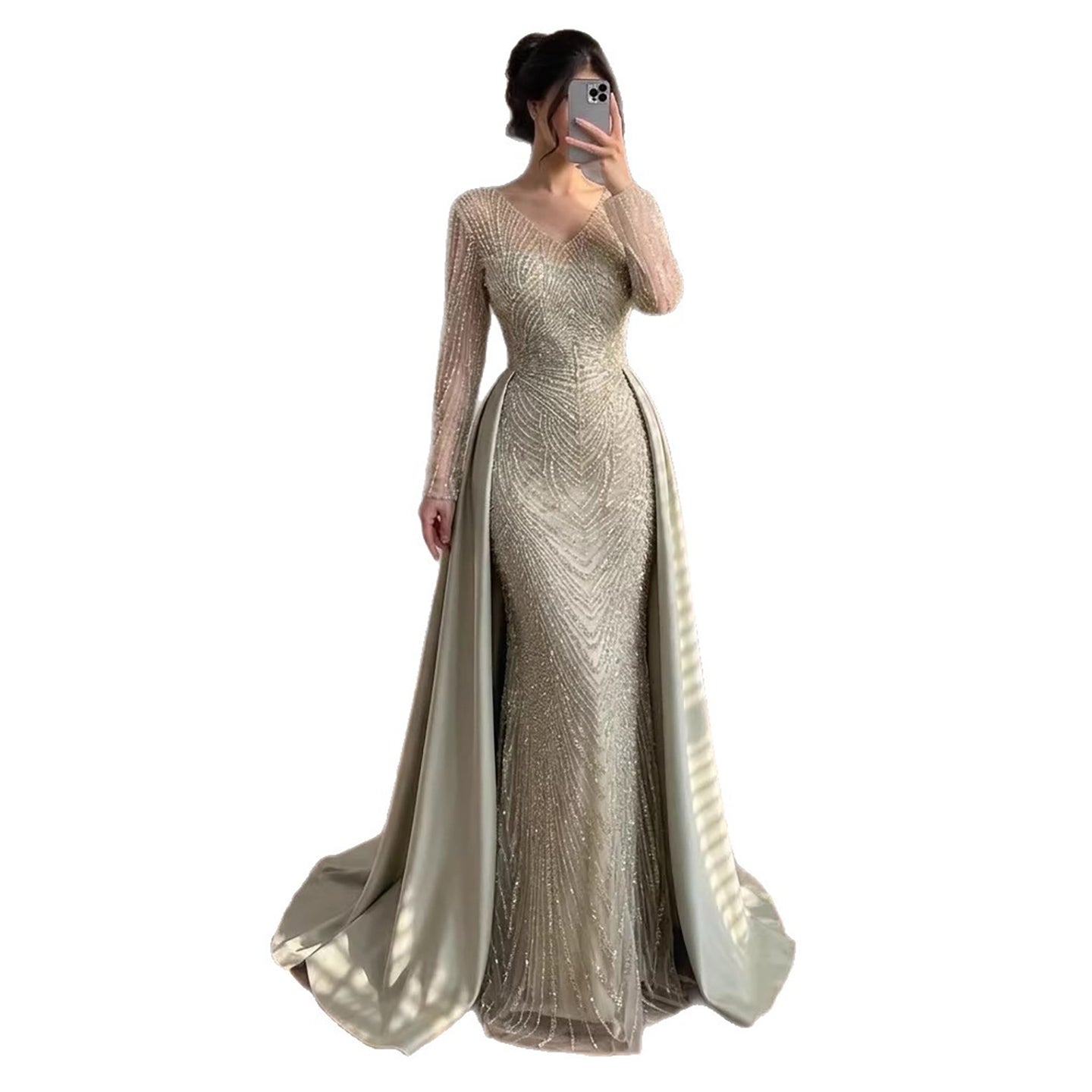 Luxury Sage Green Beaded Long Sleeve Overskirt Mermaid Dress LA73682