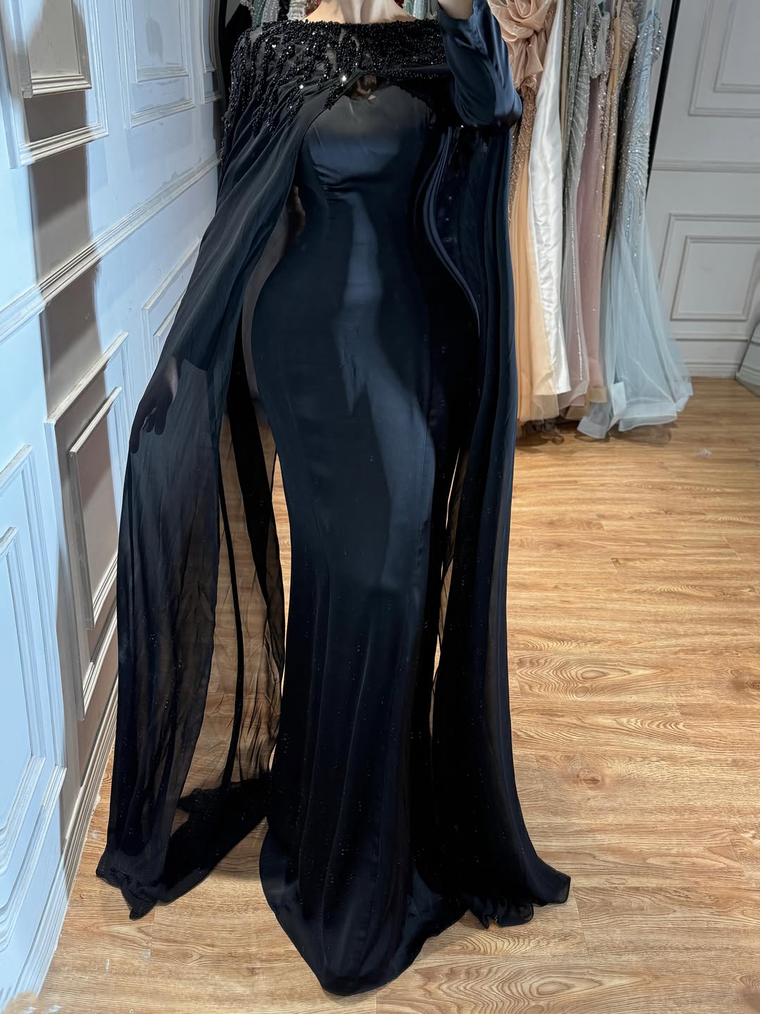 Luxury Green Beaded Cape Long Sleeve Satin Mermaid Dress LA73683