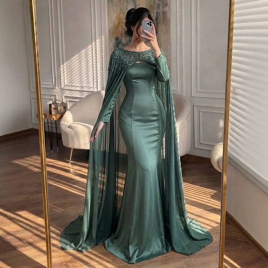 Luxury Green Beaded Cape Long Sleeve Satin Mermaid Dress LA73683