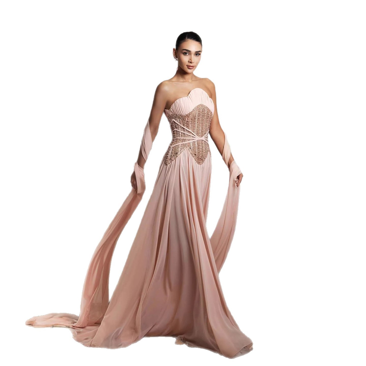Luxury Pink Pearls Beaded Strapless A-Line Evening Dress LA73685