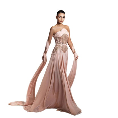 Luxury Pink Pearls Beaded Strapless A-Line Evening Dress LA73685