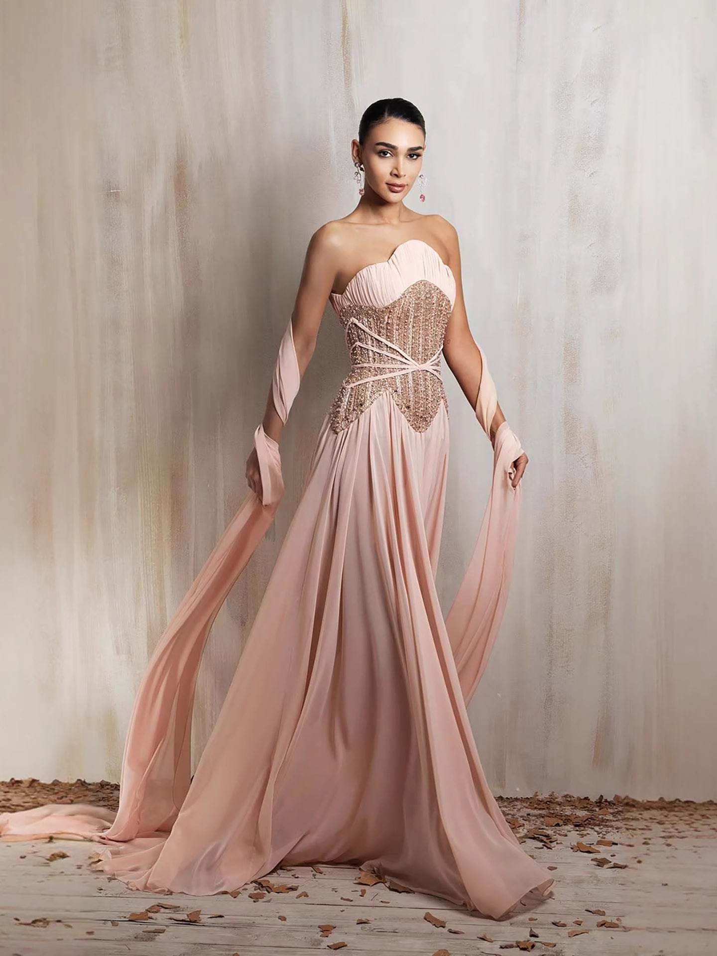 Luxury Pink Pearls Beaded Strapless A-Line Evening Dress LA73685