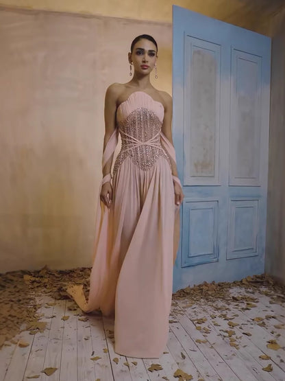 Luxury Pink Pearls Beaded Strapless A-Line Evening Dress LA73685