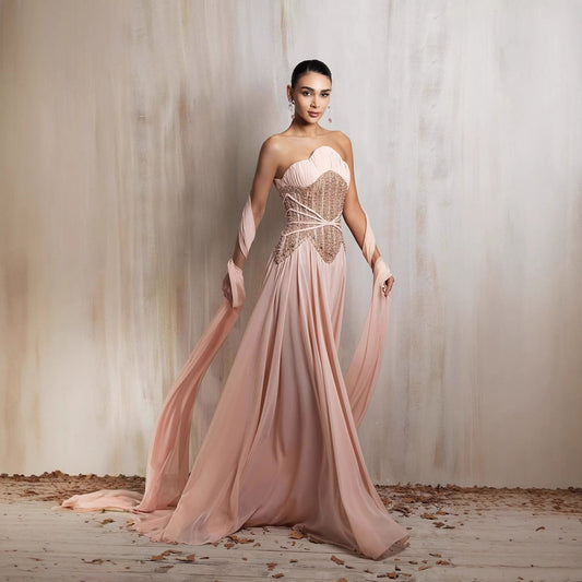 Luxury Pink Pearls Beaded Strapless A-Line Evening Dress LA73685