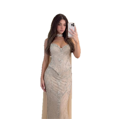 Luxury Nude Crystal Beaded Mermaid Evening Dress LA73686