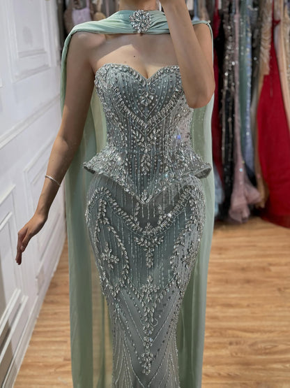 Luxury Nude Crystal Beaded Mermaid Evening Dress LA73686