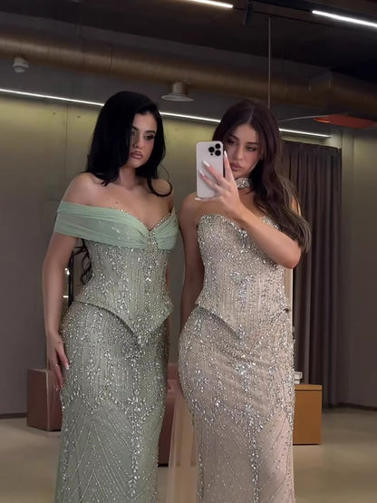 Luxury Nude Crystal Beaded Mermaid Evening Dress LA73686