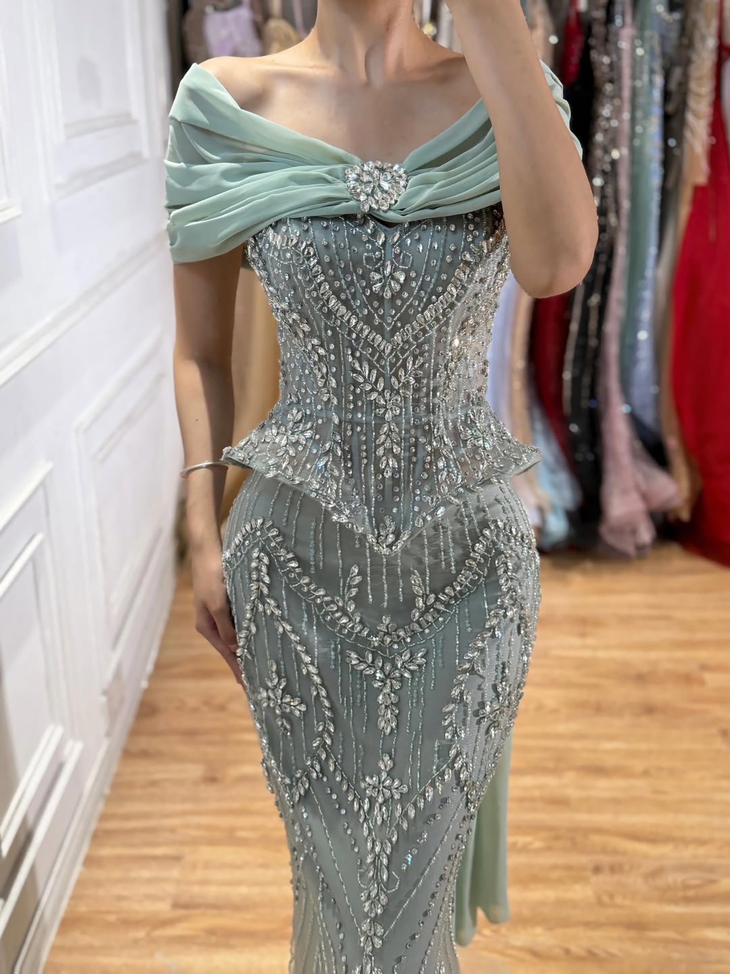 Luxury Nude Crystal Beaded Mermaid Evening Dress LA73686