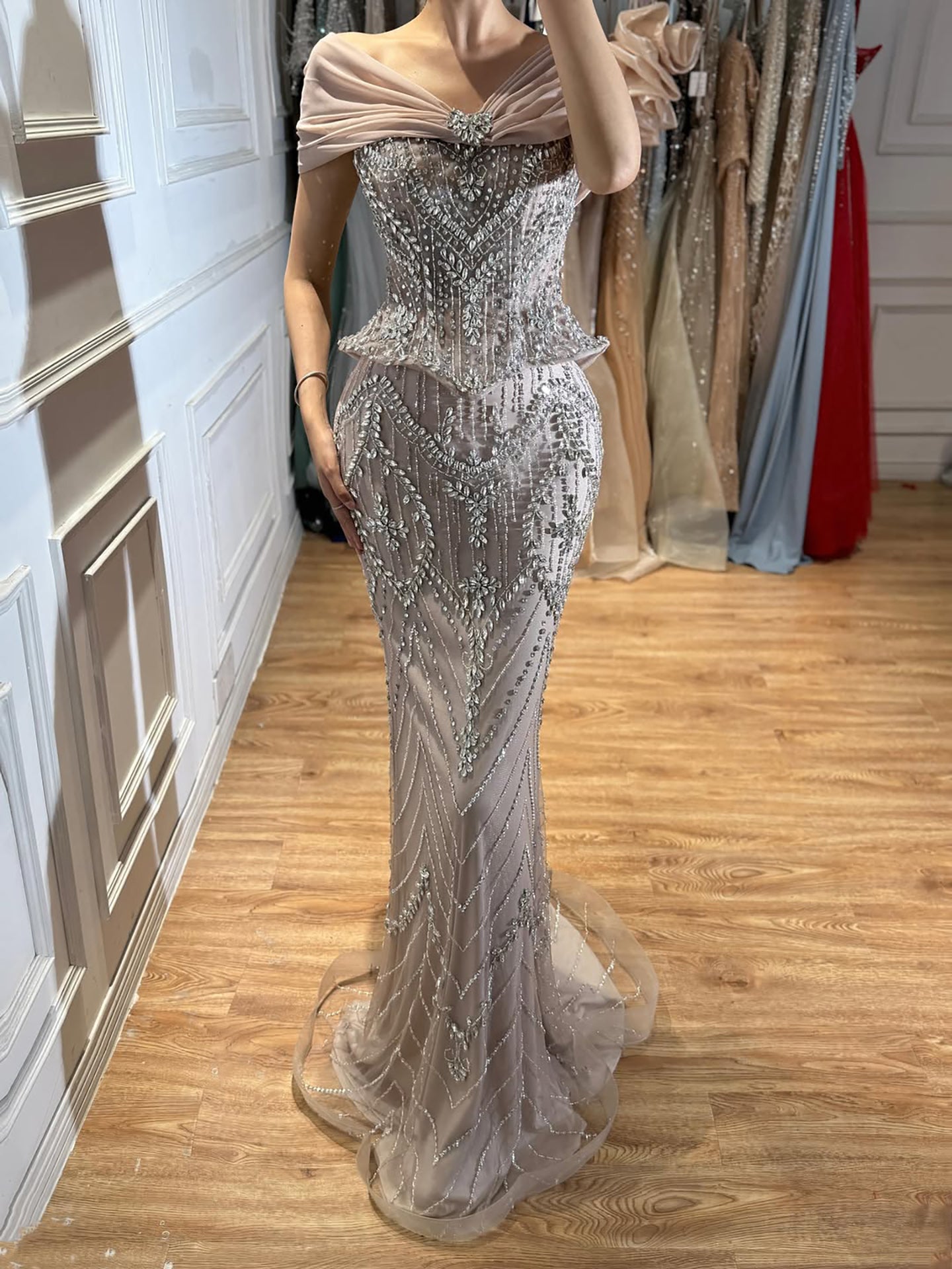 Luxury Nude Crystal Beaded Mermaid Evening Dress LA73686