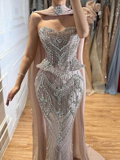 Luxury Nude Crystal Beaded Mermaid Evening Dress LA73686
