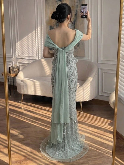 Luxury Nude Crystal Beaded Mermaid Evening Dress LA73686