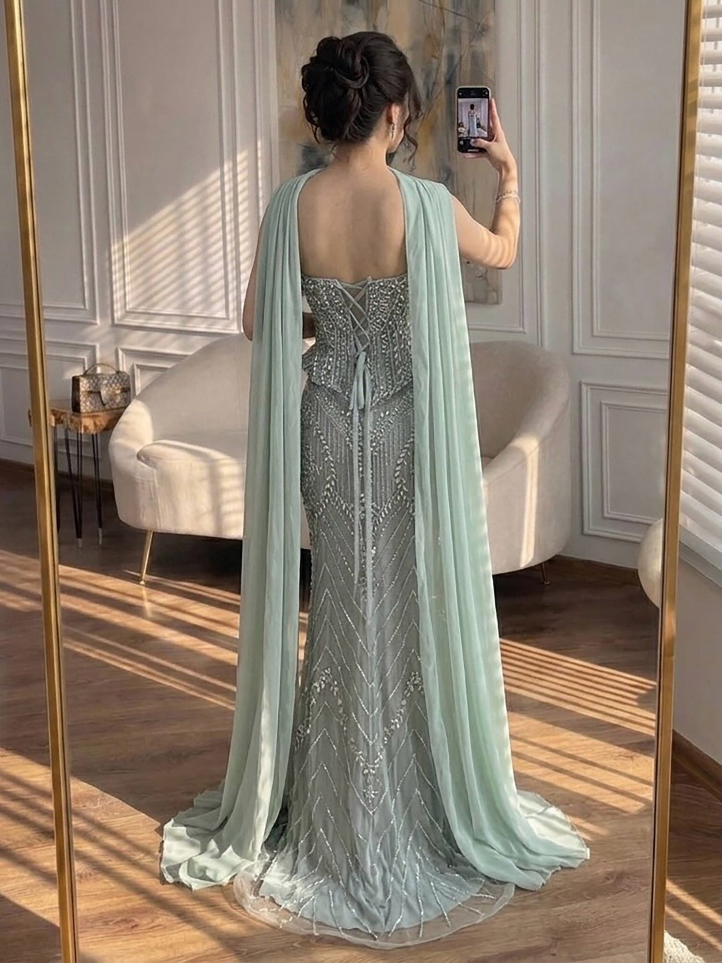 Luxury Nude Crystal Beaded Mermaid Evening Dress LA73686
