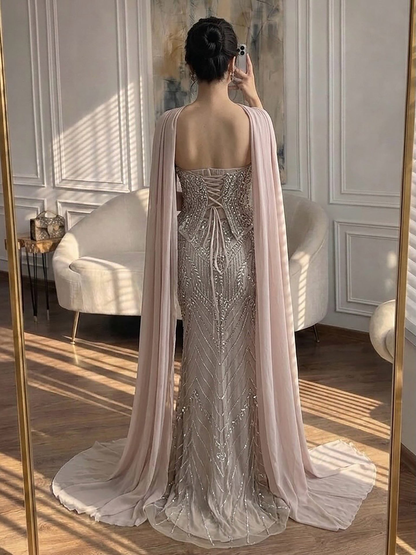 Luxury Nude Crystal Beaded Mermaid Evening Dress LA73686