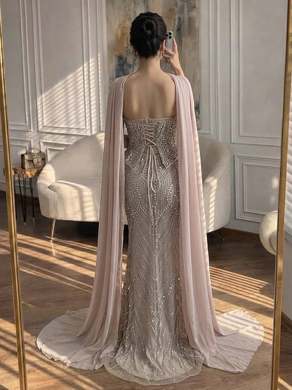 Luxury Nude Crystal Beaded Mermaid Evening Dress LA73686