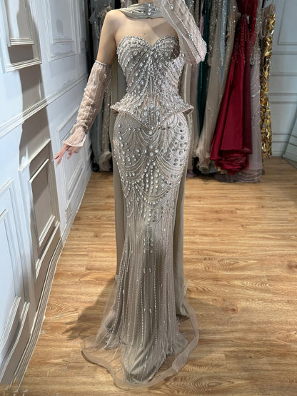 Luxury Caramel  Crystal Beaded Mermaid Off Shoulder Evening Dress LA73686A