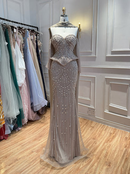 Luxury Caramel  Crystal Beaded Mermaid Off Shoulder Evening Dress LA73686A