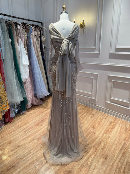 Luxury Caramel  Crystal Beaded Mermaid Off Shoulder Evening Dress LA73686A