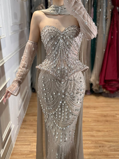 Luxury Caramel  Crystal Beaded Mermaid Off Shoulder Evening Dress LA73686A