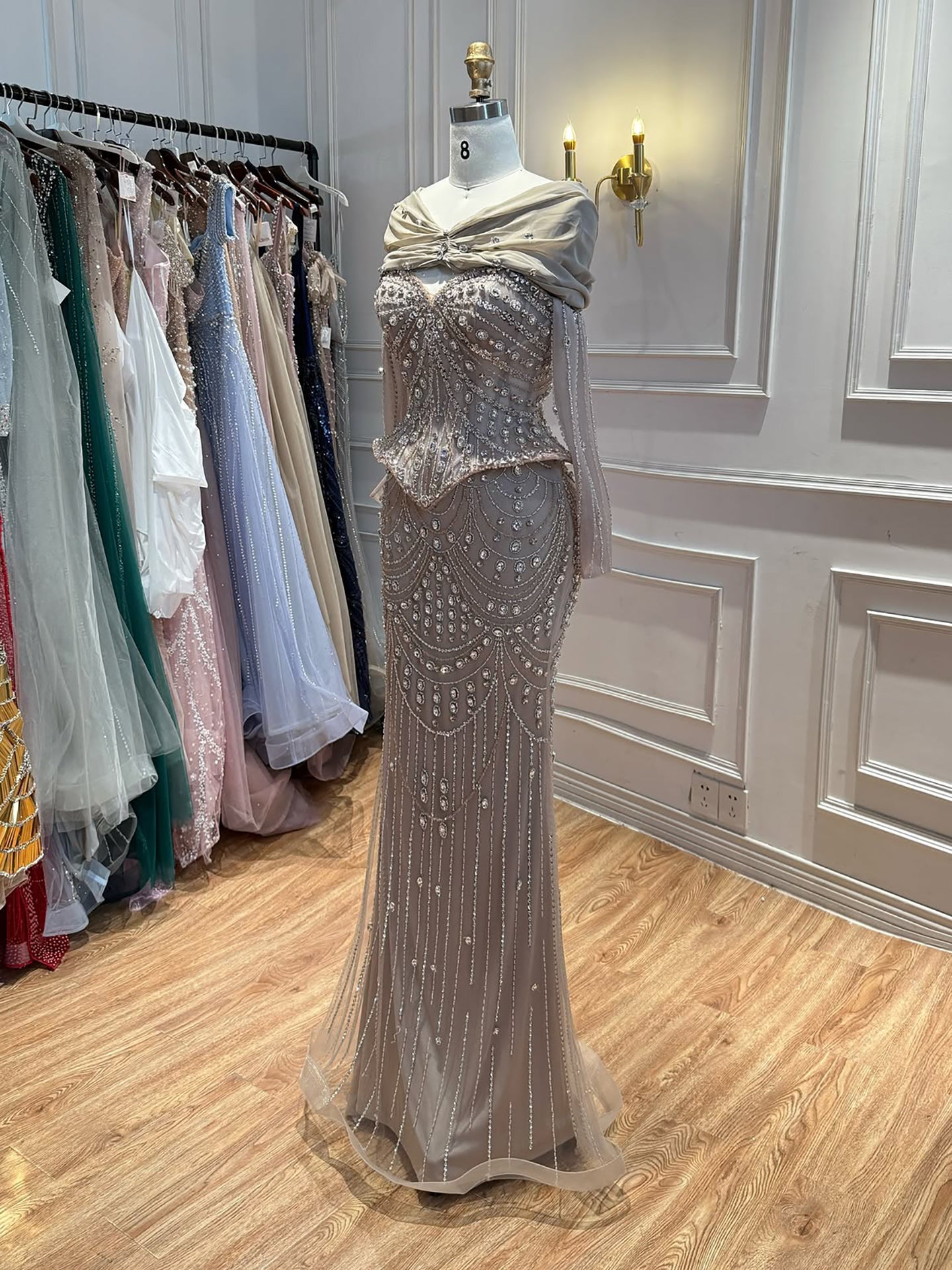 Luxury Caramel  Crystal Beaded Mermaid Off Shoulder Evening Dress LA73686A